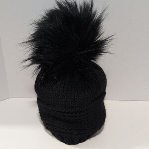 Black Knit Beanie with Faux Fur Pom Made In Italy Wool Blend